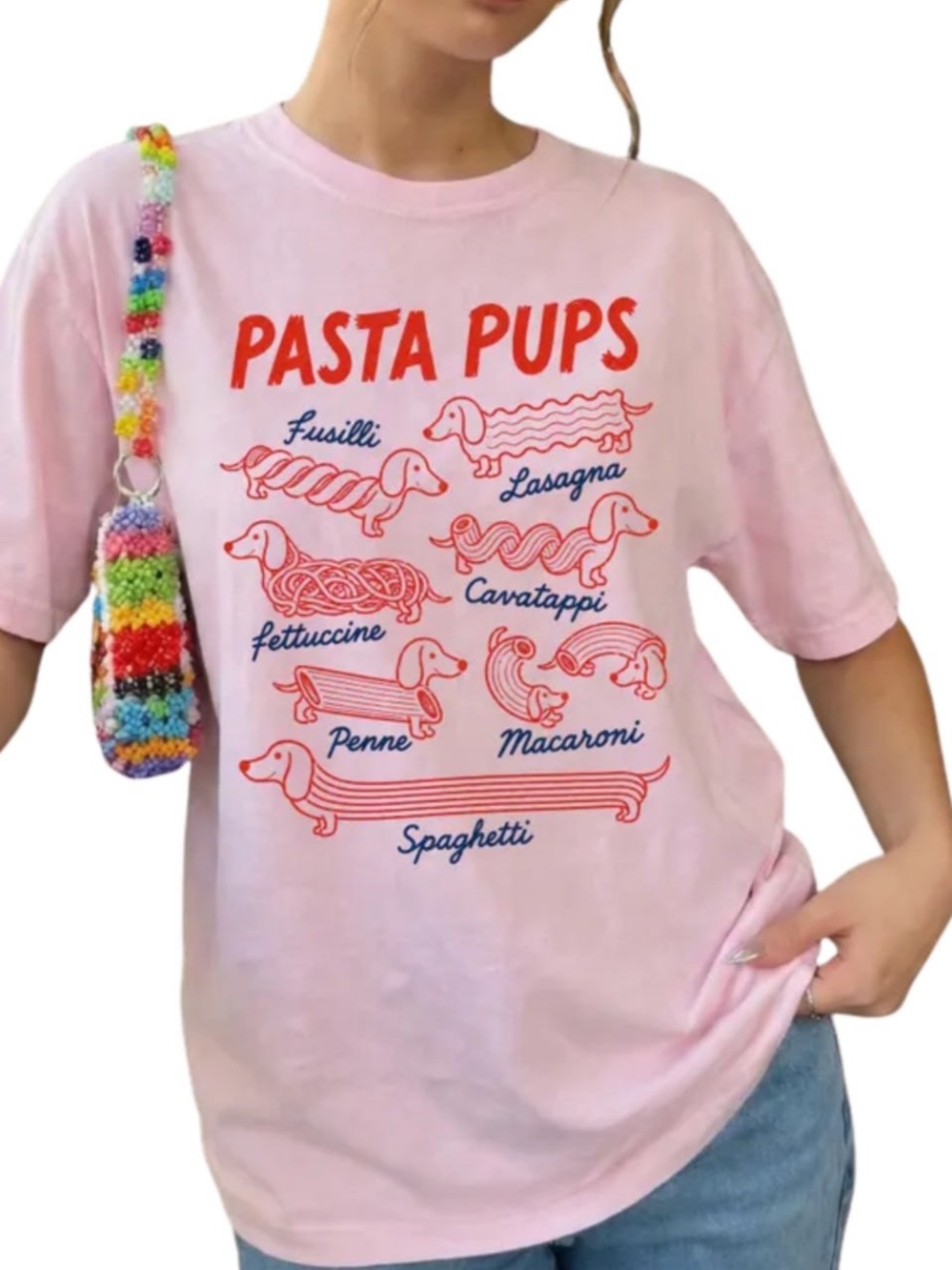 Pink Pasta Pups Graphic Tee with Red Print